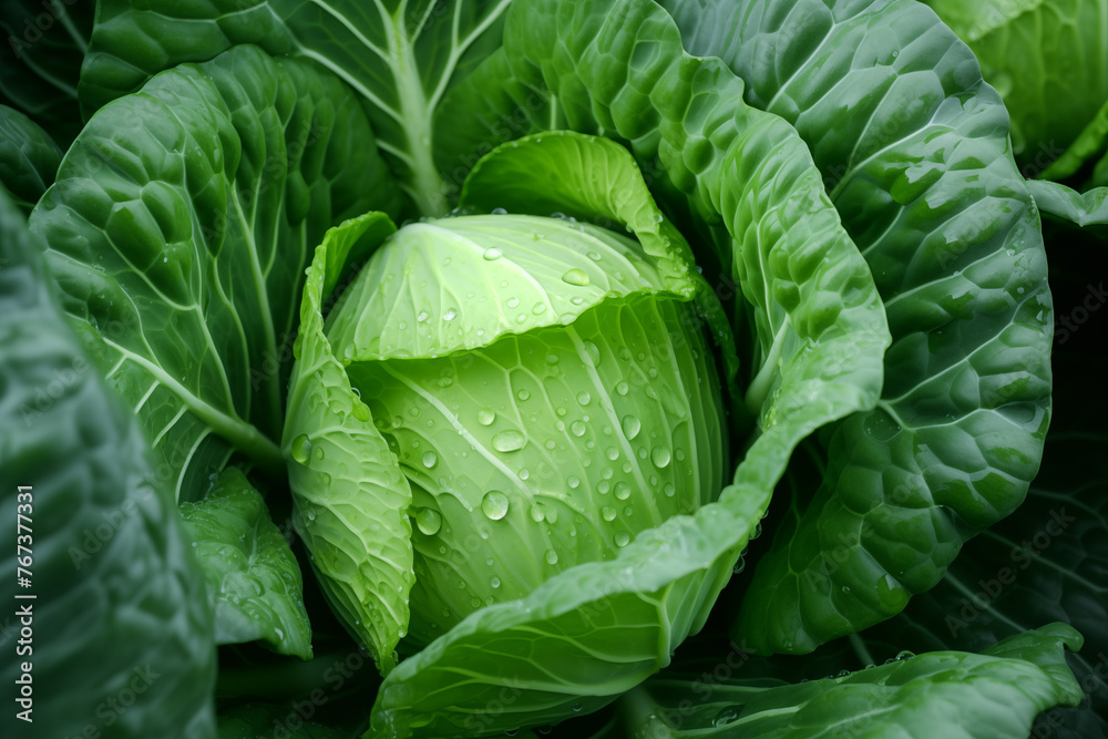 Fototapeta premium Fresh Green Cabbage Head with Dew Drops Close-up