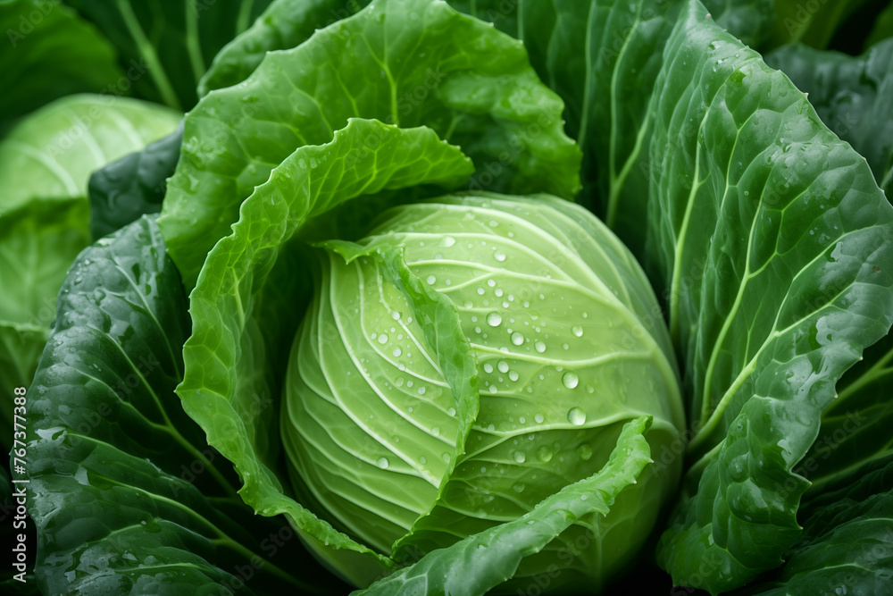 Fototapeta premium Fresh Green Cabbage Head with Dew Drops Close-up
