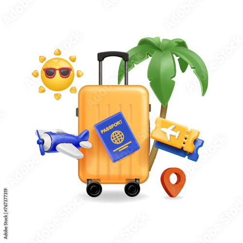 Travel concept isolated. Airplane, passport, location pin and palm. Tourism traveling poster Air ticket, sun and tropical tree. 3D Vector. © lightgirl