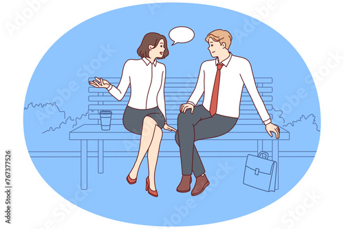 Carefree man and woman sitting on park bench and talking telling stories from work. Guy and girl in business clothes gossip during break and share career advancement tips. Flat vector image