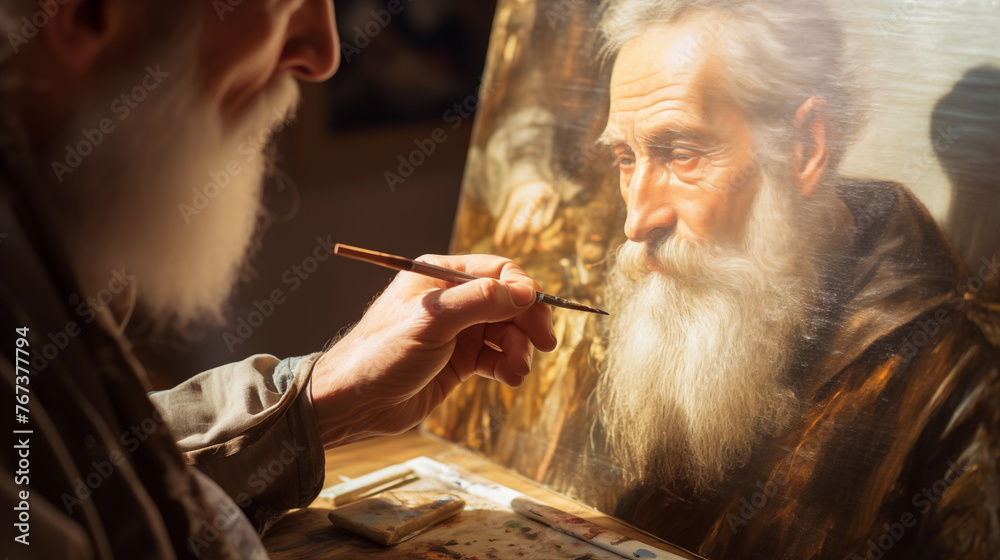 Obraz premium Artist at Work on a Dramatic Portrait of an Elderly Man