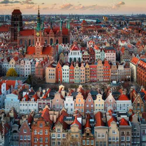 Aerial view of the beautiful Gdansk city at sunset, Poland.