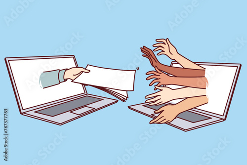 People search job via internet stick hands out of laptop screen to take questionnaire from HR specialist. HR agent invites applicants to fill information for competition for vacant position