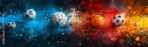 Soccer ball in flight abstraction with colorful dust and drops of paint of different colors. Concept: illustrations of sports themes, football events. Copy space banner