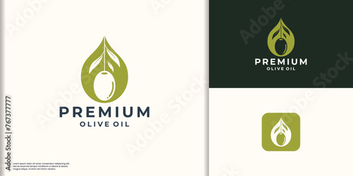 premium Extra virgin olive oil logo icon. Olive oil drop with olives and leaf symbol. Vector illustration.