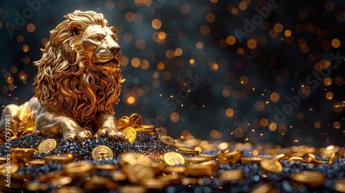 Golden lion statue, standing on a pile of gold coins, coins, treasures photo