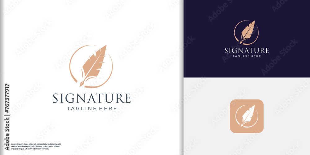 Minimalist quill feather pen signature handwriting circle frame logo design. Minimalist quill feather pen signature handwriting circle frame logo design.
