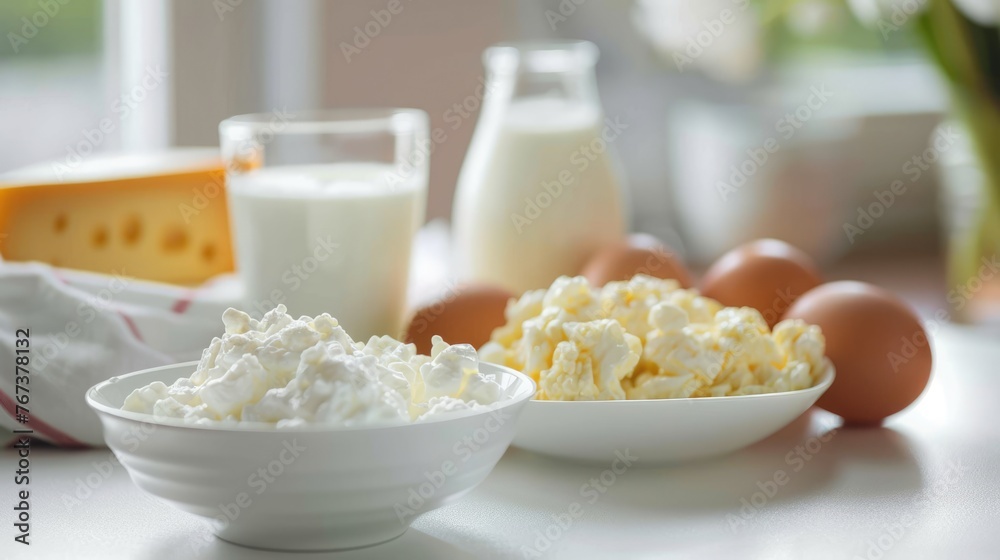 Dairy products and eggs on a table. Healthy fresh farm food background: milk, cottage cheese, cheese, eggs, butter for breakfast Dairy products and eggs on a table. Healthy fresh farm food background: milk, cottage cheese, cheese, eggs, butter for breakfast