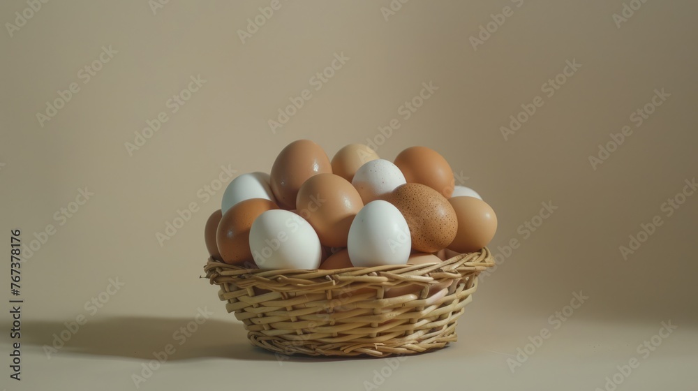 Basket with eggs on a table. Healthy fresh farm product