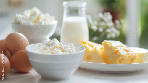 Dairy products and eggs on a table. Healthy fresh farm food background: milk, cottage cheese, cheese, eggs, butter for breakfast photo