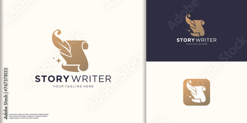 Classic note and quill logo design, signature illustration logo, book and feather, gradient logo template.