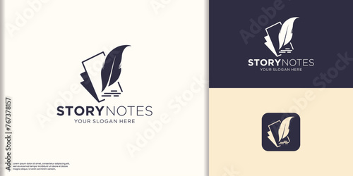 note and quill logo design, signature illustration logo, book and feather, gradient logo template. photo