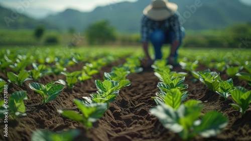 Green Tobacco Planting by Thai Agriculturist in Northern Thailand Field photo