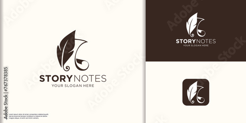 book story note logo. feather signature illustration logo, book and feather template.