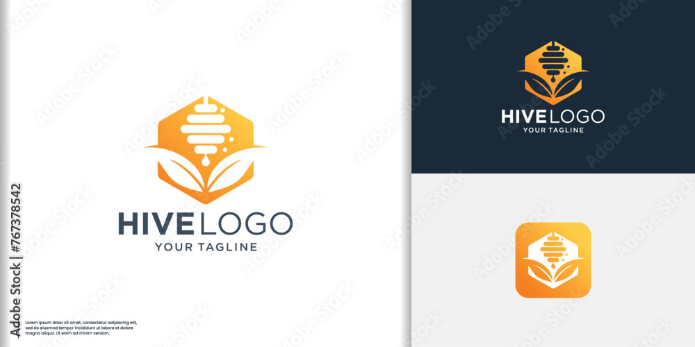 Symbol of honeycomb logo design. inspiration honey bee modern concept with nature leaf vector template. - obrazy, fototapety, plakaty 