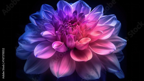 Dark Surreal Dahlia  Chrome Pink and Purple Macro Flower Isolated on Black Background