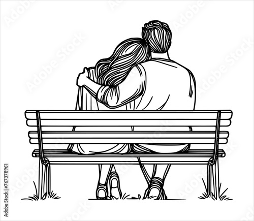 lovely couple siiting on the bench in the park - line hand drawing, black on white background (artwork 1)