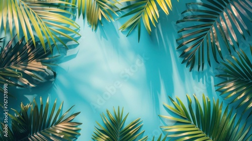 Summer Vibes  Palm Leaves on Pastel Blue Background - Flat Lay Top View with Copy Space - Seasonal Composition