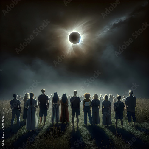 A group of people stands in a field, gazing up at a dramatic solar eclipse in a darkened sky 