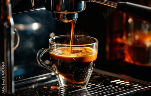 black coffee is poured into a glass cup that stands on a metal s