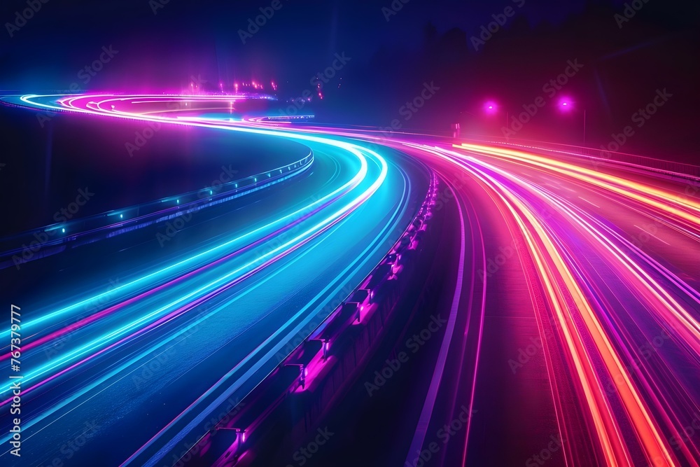 Futuristic neon lights streak across a dark background creating a sense of speed and motion. Concept Neon Lights, Futuristic, Speed, Motion, Darkness