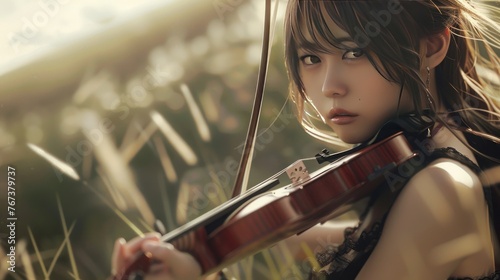 woman in white dress play the violin in the grassland