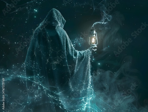 Cloaked Figure Holding Lantern Illuminating the Mysterious and Unseen Dangers of the Dark Web photo