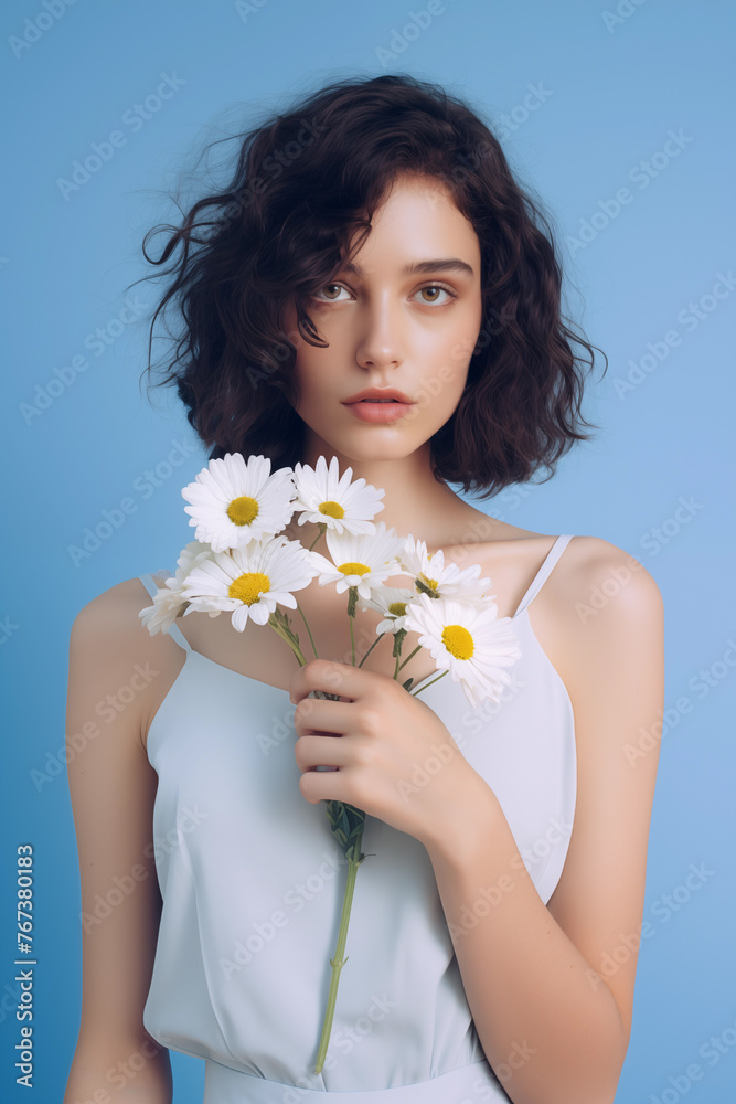 Elegant young woman with daisies, dreamy beauty and nature connection, subtle floral fashion. Elegant young woman with daisies, dreamy beauty and nature connection, subtle floral fashion.
