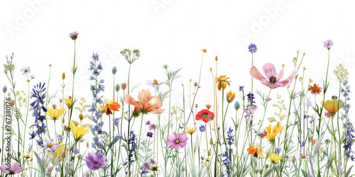Watercolor painting depicting a colorful field of wildflowers in bloom on a sunny day