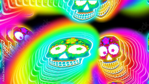 Seamless animation psychedelic catrina skulls with neon effect. Hypnotic halloween background with rainbow effect  photo