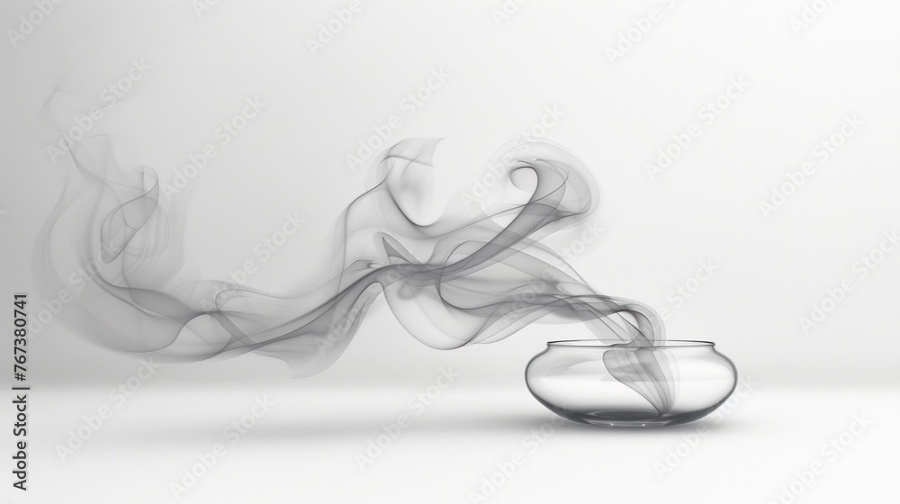Graceful wisps of smoke rising from an elegant glass vessel placed on a solid white surface.