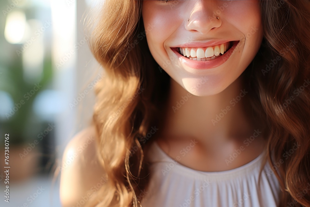 Close-up of beautiful white teeth in a womans smile, dental health and beauty care. Copy space Close-up of beautiful white teeth in a womans smile, dental health and beauty care. Copy space