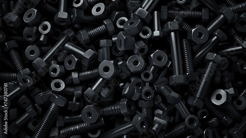 nuts and bolts arranged on a pristine white background, offering ample copy space for text, in a top view composition with sharp focus, showcasing professional photography.