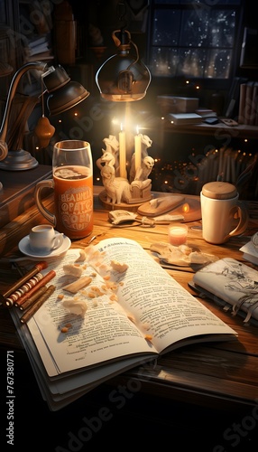 Still life with a book, a cup of coffee, a candlestick and a candle on a wooden table