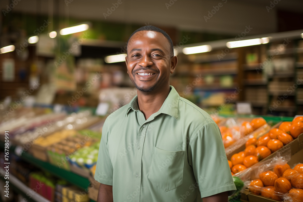 Smiling grocer in green, fresh produce backdrop, friendly service.