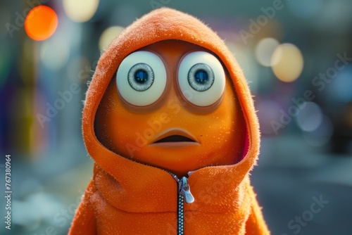 A surprised Orange monster in a hoodie with big eyes. 3d illustration