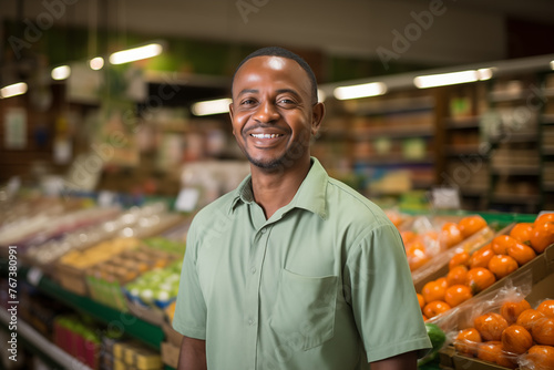Smiling grocer in green, fresh produce backdrop, friendly service.