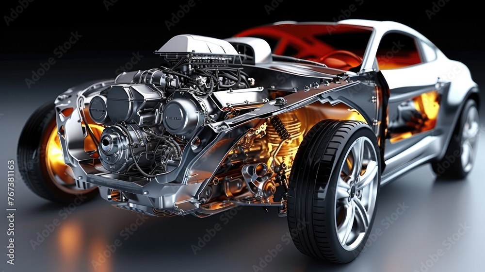 Naklejka premium Fantasy Meticulous auto engine disassembly: a comprehensive visual journey, intricate components, gears, pistons, technology involved in disassembly of automotive engine meticulous inspection repair.