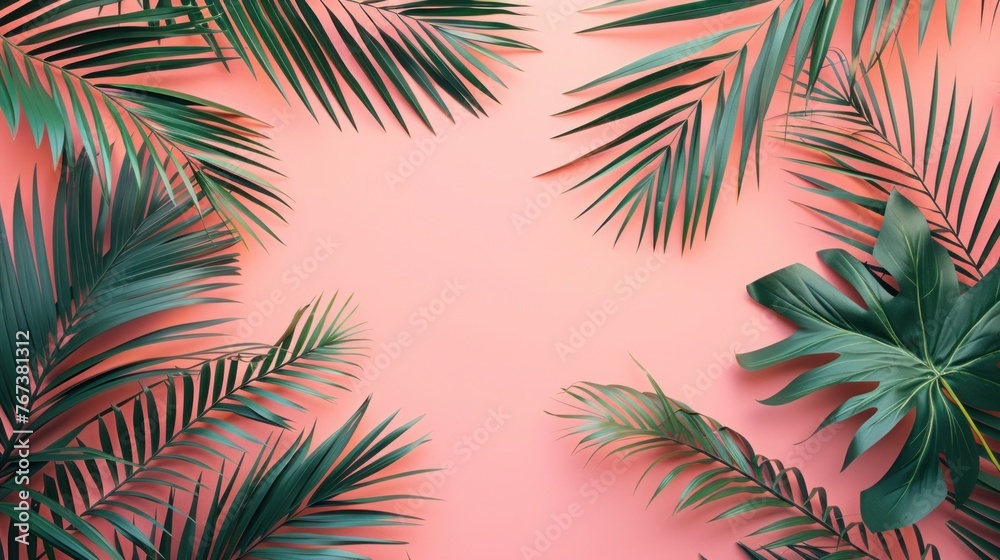 Summer Vibes: Top View of Tropical Palm Leaves on Pink Paper Background
