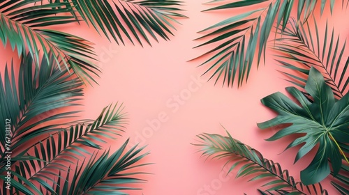 Summer Vibes: Top View of Tropical Palm Leaves on Pink Paper Background