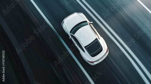 Aerial view of a white car in motion on an asphalt highway. A long-exposure shot. Top view of the white car moving fast.