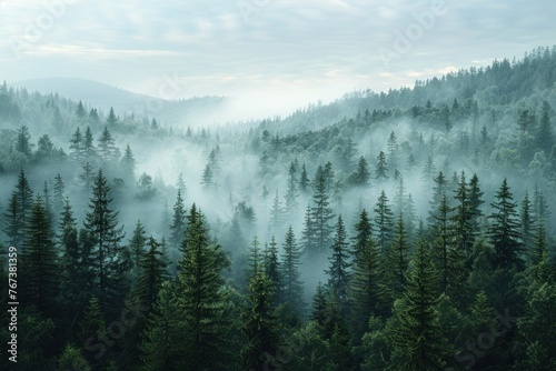 Enchanting Misty Forest Landscape with Tall Pine Trees on a Foggy Morning photo