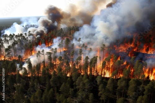 Aerial Perspective of an Enveloping Forest Fire Ravaging the Landscape