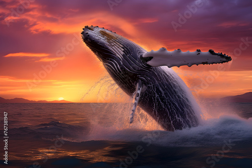 Dancing Dusk: The Majestic Leap of a Humpback Whale in the Twilight Sky © Glen