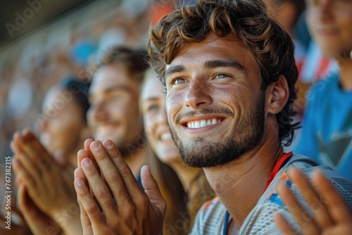 Happy bearded man with brown hair clapping and smiling at sports game or concert