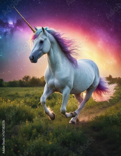 A majestic white unicorn with a purple mane gallops across a field  its silhouette set against a vibrant twilight sky sprinkled with stars.