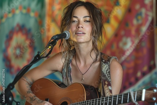 Talented young woman performing a captivating acoustic guitar song photo