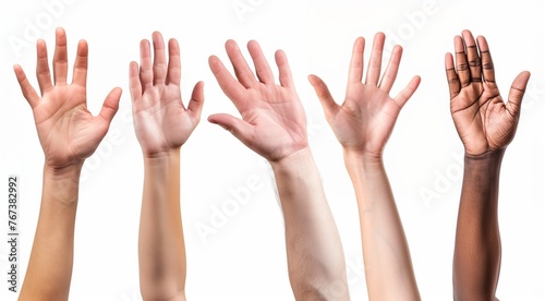 Hands of men of different colors, nationalities and ethnicities, representing diversity, on a white background photo