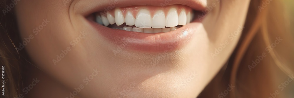 Fototapeta premium Close up shot of a woman's smile with white healthy teeth, Banner for dentistry or dentist advertising, healthy teeth concept