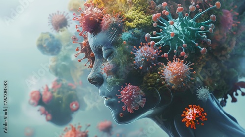 Illustration of a female head surrounded by viruses. 